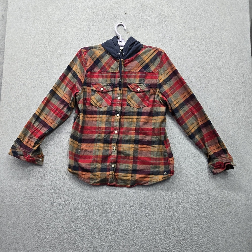 Legendary Whitetails Women Button Up Shirt L Red Plaid Flannel Hooded Shacket